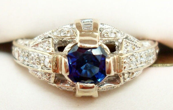 18K Gold Art Deco Style .49ct Genuine Blue Sapphire Ring with Diamonds (#J2699)