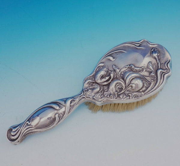 Flora by Shiebler Sterling Silver Hairbrush #2888 9" Art Nouveau Irises (#3463)