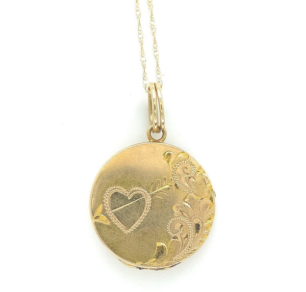 14k Yellow Gold Round Locket with Engraved Arrow in Heart (#J6434)