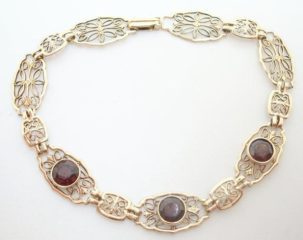 10k Yellow Gold Filigree Bracelet with Three Genuine Natural Garnets (#J2775)