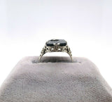 14k White Gold Art Deco Genuine Natural Black Onyx Ring w/Carved Flower (#J5413)