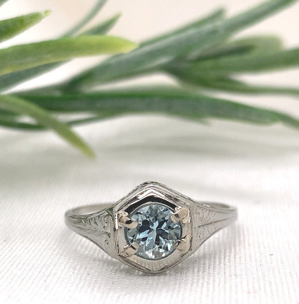 14k White Gold Filigree Deco .47ct Genuine Natural Aquamarine Ring Size 7 #J7155
