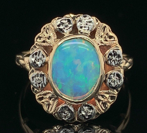 10k Yellow White Gold 1.05 Carat Genuine Natural Opal Ring with Flowers (#J6576)