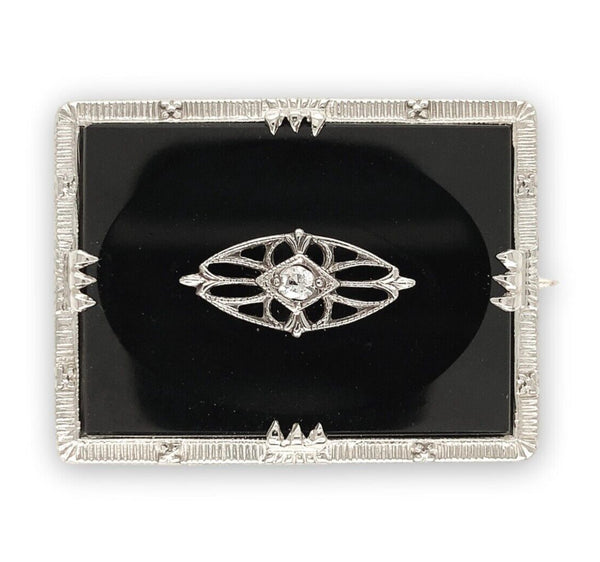 14k Gold Genuine Natural Black Onyx Filigree Brooch Pin with a Diamond (#J6693)