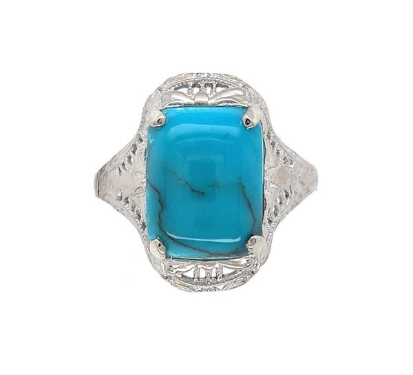 10k Gold 2.09ct Robin's Egg Blue Genuine Natural Turquoise Filigree Ring #J6138