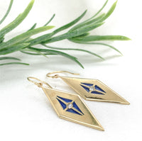 14k Yellow Gold Plique-A-Jour Blue Enamel Genuine Diamond Drop Earrings (#J7363)