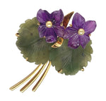 14k Yellow Gold Carved Genuine Amethyst Violet Flower and Jade Leaf Pin (#J7253)