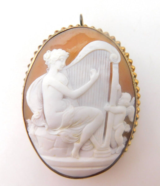Genuine Natural Shell Cameo Pin / Pendant with Woman Harp Angel (#J3821)