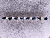 14k Yellow Gold Montana Sapphire and Pearl Bar Pin with GIA Report (#J5644)