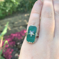 14k Gold Filigree Genuine Natural Green Onyx / Chrysoprase Diamond Ring (#J6213)