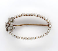 14k Gold Oval Flower Pin with Diamonds and Seed Pearls Applied Leaves (#J6253)