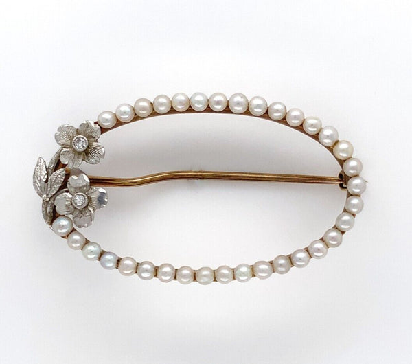14k Gold Oval Flower Pin with Diamonds and Seed Pearls Applied Leaves (#J6253)