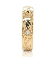 14k Gold Hand Engraved Wide Genuine Natural Diamond Wedding Band Size 6.5 #J6916