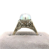 18k White Gold Art Deco 8mm Pearl Filigree Ring (#J5450)