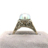 18k White Gold Art Deco 8mm Pearl Filigree Ring (#J5450)