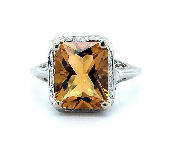 Deco 14k White Gold Filigree 2.88ct Genuine Natural Citrine Ring (#J4983)