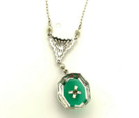 10k White Gold Green Onyx and Diamond Deco Pendant (#J5319)