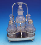 Silverplate and Glass Cruet Set 6pc Stand with Handle and 5 Bottles (#9271)