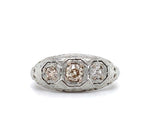 18k Gold Art Deco Three Stone Genuine Natural Diamond Filigree Ring (#J5587)