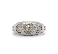 18k Gold Art Deco Three Stone Genuine Natural Diamond Filigree Ring (#J5587)