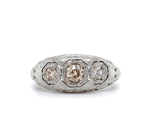 18k Gold Art Deco Three Stone Genuine Natural Diamond Filigree Ring (#J5587)
