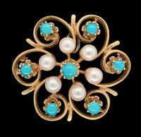 14k Yellow Gold Turquoise and Pearl Flower Brooch Pin 1 1/8" Jewelry (#J6694)