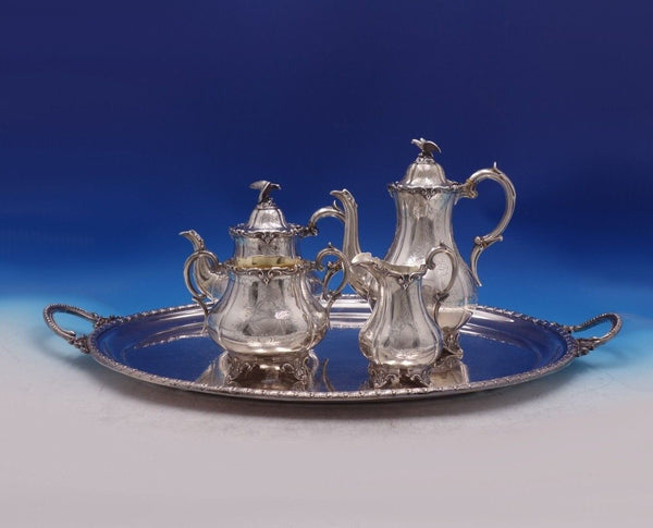Robert Harper English Victorian Sterling Silver Tea Set 4pc w/Bird SP Tray #7043