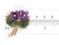 14k Yellow Gold Carved Genuine Amethyst Violet Flower and Jade Leaf Pin (#J7253)