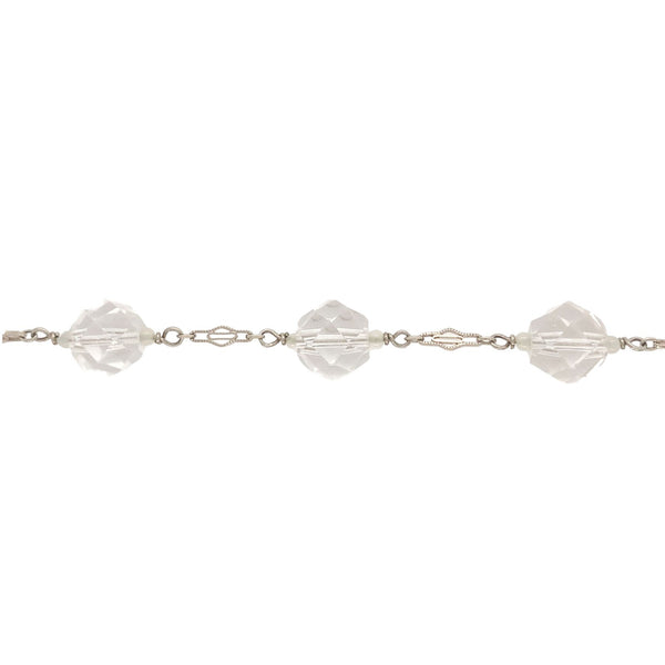 14k Gold Art Deco Genuine Natural Rock Crystal Bead Bracelet 7" Wrist (#J7033)