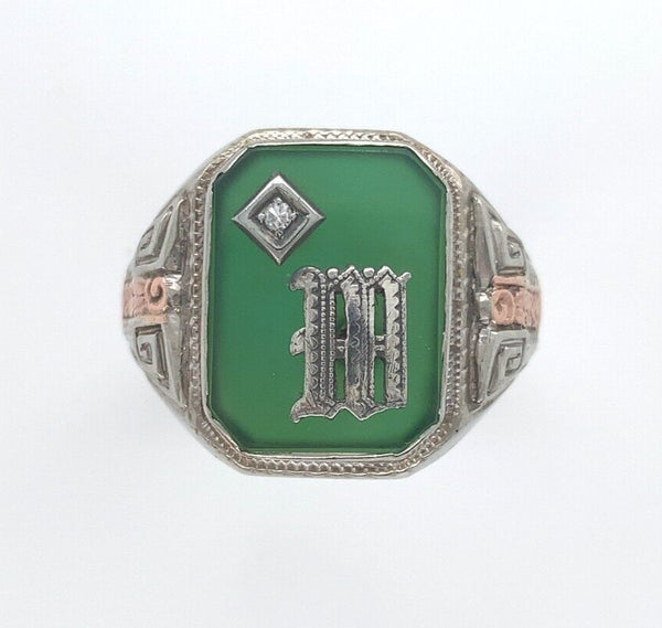 10k Gold Green Genuine Natural Onyx / Chrysoprase Men's Ring with Mono (#J6217)