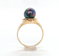 18k Yellow Gold Tahitian Black Pearl Ring with Diamonds (#J6340)