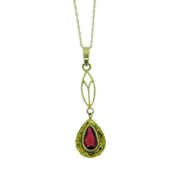 10k Yellow Gold Lavaliere Pendant with Red Glass Engraved Frame (#J4765)