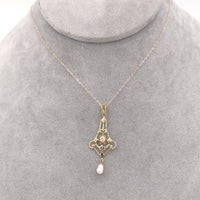 10k Yellow Gold Victorian Diamond Lavaliere with Pearl Drop (#J6429)