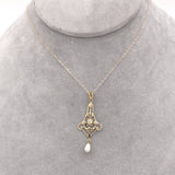 10k Yellow Gold Victorian Diamond Lavaliere with Pearl Drop (#J6429)