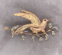 14k Gold and Silver Antique Bird Pin Brooch with Genuine Natural Diamonds #J6368