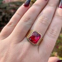18k Yellow Gold Men's European Ring Specialty Cut Lab-Created Red Stone (#J6345)