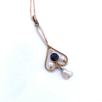 10k Yellow Gold Lavaliere Victorian Pendant with Blue Stone and Pearls (#J4961)
