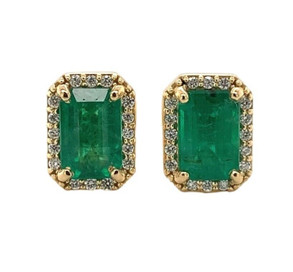 18k Gold 1.16cttw Fine Genuine Natural Emerald and Diamond Stud Earrings #J6996