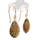 14k Gold Genuine Natural Smoky Quartz Carved Fan Shaped Drop Earrings (#J7519)