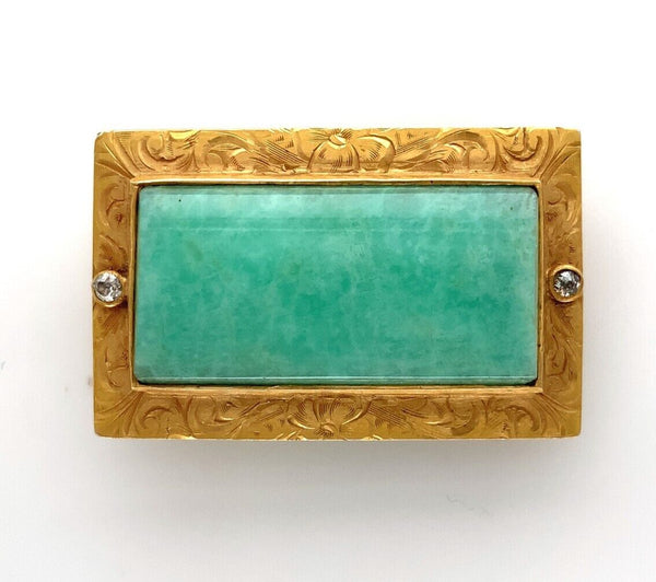 14k Gold Aventurine Quartz Pin Victorian Hand Engraved Diamond Accents (#J6252)
