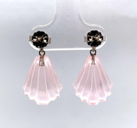 14k White Gold Genuine Natural Rose Quartz Carved Fan Drop Earrings (#J5699)
