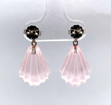 14k White Gold Genuine Natural Rose Quartz Carved Fan Drop Earrings (#J5699)