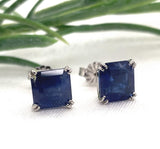 Platinum 4.05 Carat TW Blue Genuine Natural Sapphire Stud Earrings (#J7518)