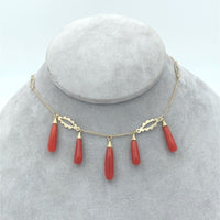 14k Gold Ox Blood Red Genuine Coral Briolette Necklace w/Five Drops 18" (#J7026)