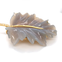 16k Yellow Gold .666 Large Carved Genuine Natural Chalcedony Leaf Pin (#J6234)