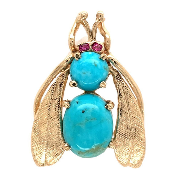 14k Yellow Gold Genuine Turquoise Bug Insect Fly Bee Pin with Ruby Eyes (#J7225)
