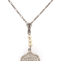 10k White Gold Filigree Art Deco Pendant with Original Paperclip Chain (#J6201)