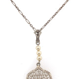 10k White Gold Filigree Art Deco Pendant with Original Paperclip Chain (#J6201)