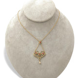 Victorian 14k Gold Heart Shaped Flower Lavaliere Necklace w/Pearls Stones #J7542
