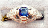 18k Gold Art Deco Style Genuine Natural Blue Sapphire and Diamond Ring (#J2699)